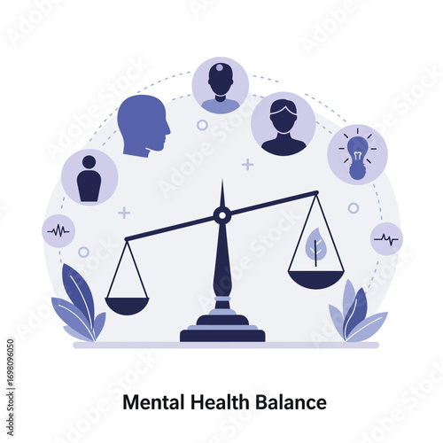 Conceptual illustration of psychological equilibrium, showing the balance between social life and personal well-being for a healthy mind