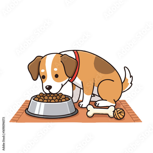 A cute dog eagerly eating kibble from a silver food bowl placed on a mat with a toy bone next to it, presented as a vibrant 2D flat vector illustration on a clean white background.