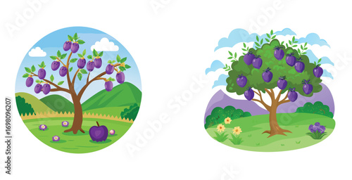 Plum tree in fertile valley featuring a mature trees vector art set design illustration