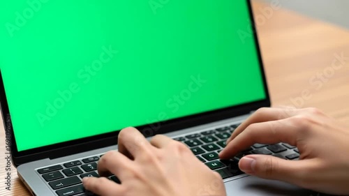 Person typing on a laptop computer with a green screen display.