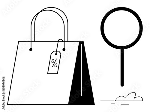 Shopping bag with percentage discount tag and magnifying glass suggesting product search, exploration, or deals. Ideal for e-commerce, online shopping, marketing, sales, product discovery, retail