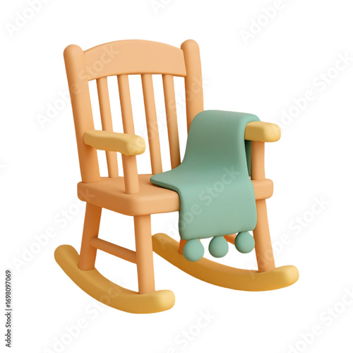 Cute 3d rendered rocking chair with blanket isolated on transparent background