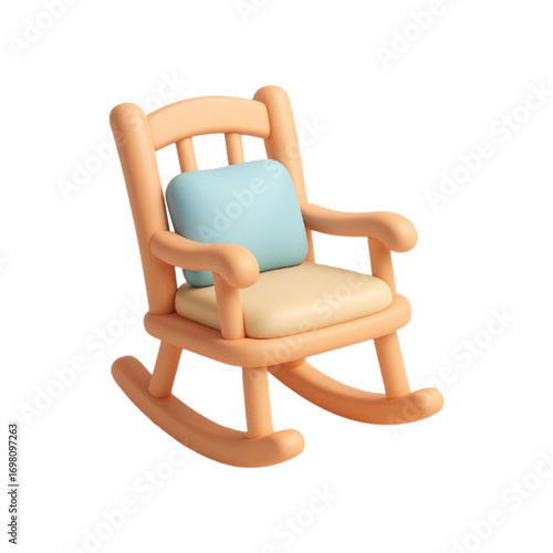 Cute 3d cartoon rocking chair with pillow isolated on transparent background