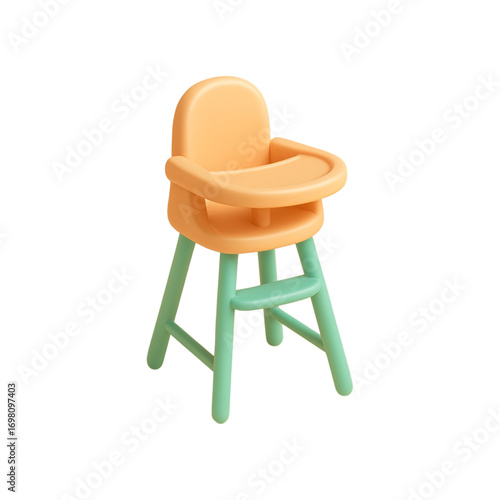 Modern orange and green baby high chair isolated on transparent background