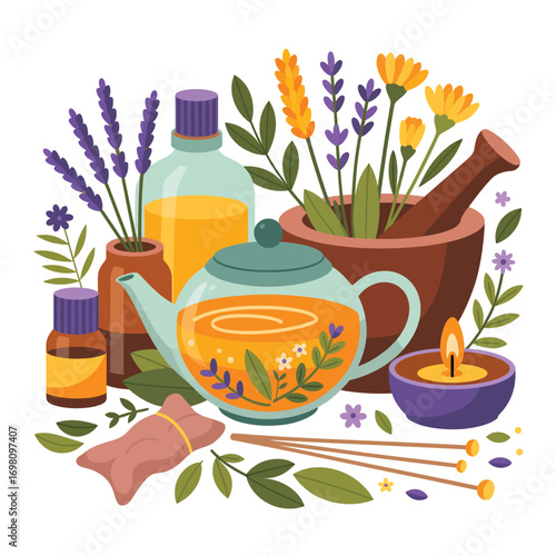 Aromatherapy and herbal tea set with essential oils and candles lavender chamomile