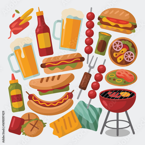 Assorted Barbecue Food and Drinks Flat Illustration Keywords: barbecue, grill, food, drink, hot