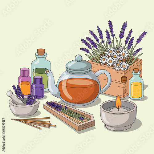 Aromatherapy and herbal tea setup with lavender, chamomile, and candle essential oil