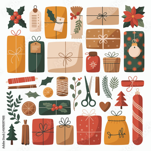 Assorted Christmas Gifts And Decorations With Holly And Pine Sprigs Keywords: christmas, holiday