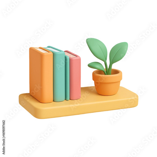 Three colorful books and a potted plant on a shelf isolated on transparent background