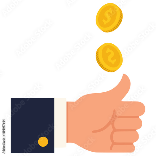 hand coin flipping chance success decision making flat color vector illustration template design