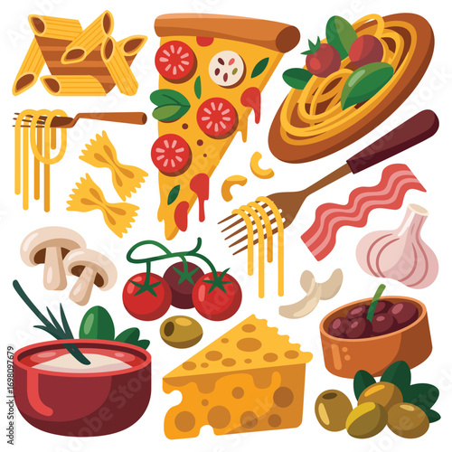 Assorted Italian Food Ingredients and Dishes Flat Design pasta pizza