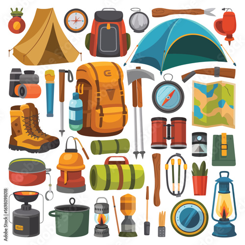 Assortment of camping and hiking equipment in a flat design illustration Keywords: camping