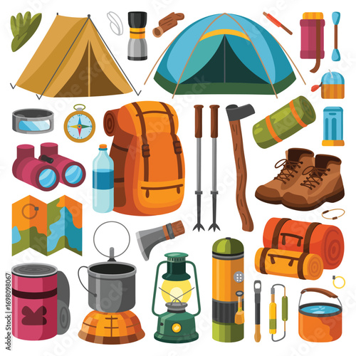 Assortment of camping and hiking gear arranged on a white background equipment tent