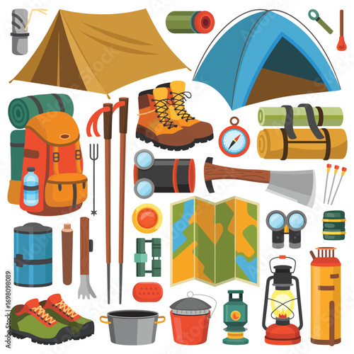 Assortment of camping and hiking equipment laid out flat Keywords: camping, hiking, gear