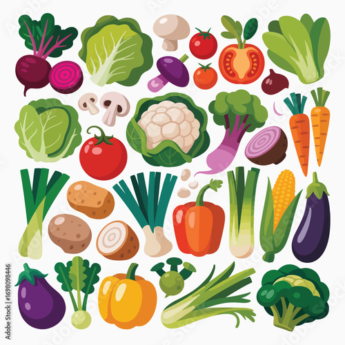 Assortment of colorful fresh vegetables and mushrooms arranged in a grid Keywords: vegetables