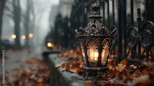 vintage lantern autumn leaves gothic street light cozy warm glow