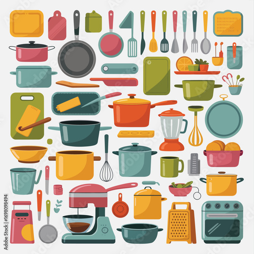 Assortment of colorful kitchenware and cooking utensils in a flat design Keywords: kitchenware