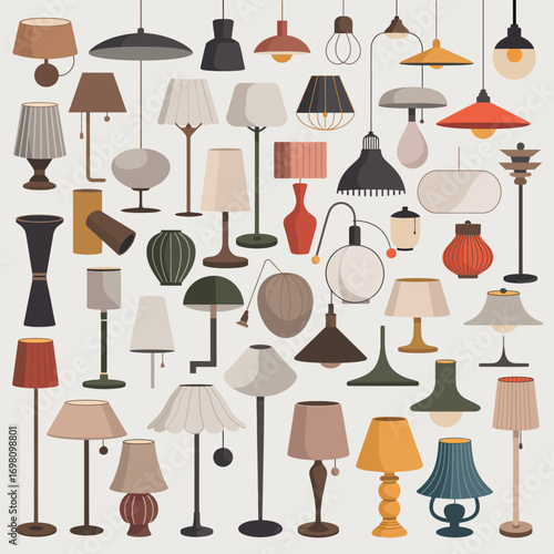 Assortment of decorative table and floor lamps in diverse styles and colors Keywords: lamps