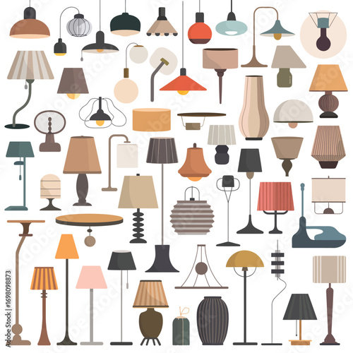 Assortment of diverse table and floor lamps in various styles and colors Keywords: lamps
