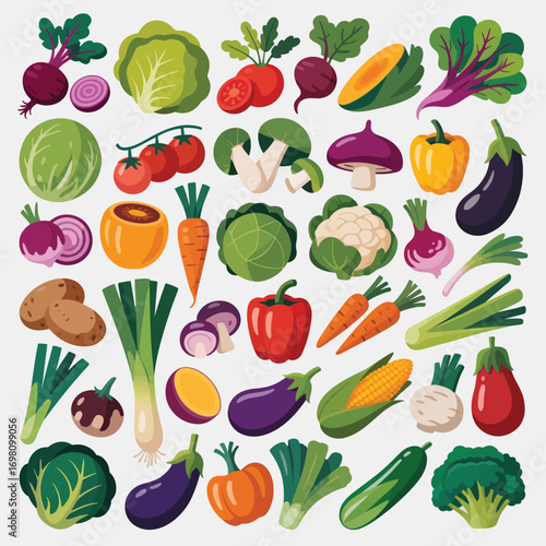 Assortment of Fresh Vegetables in a Grid Layout on a White Background Keywords: vegetables