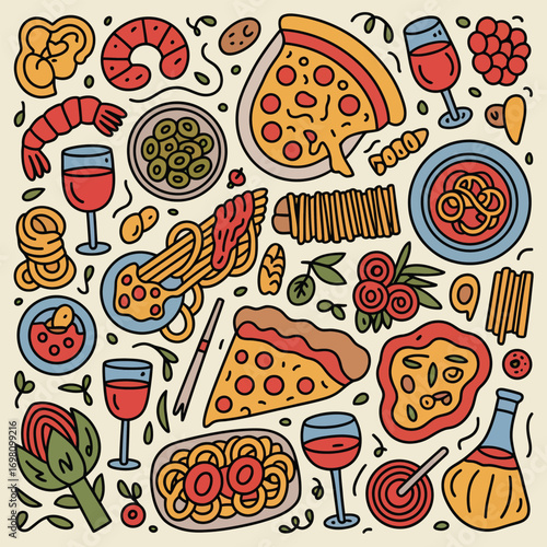 Assortment of Italian food and drink items in a doodle style Keywords: italian food, pizza