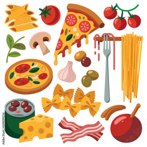 Assortment of Italian Food Ingredients and Dishes Flat Lay Style Keywords: Italian food, pizza