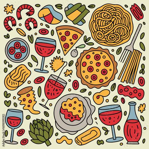 Assortment of Italian food and drink items in a doodle style Keywords: italian food, pizza
