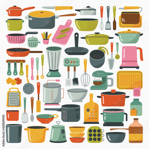Assortment of kitchenware and cooking utensils in various colors on white background Keywords