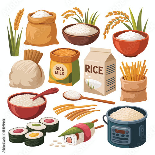 Assortment of rice products and dishes with stalks and leaves grains food