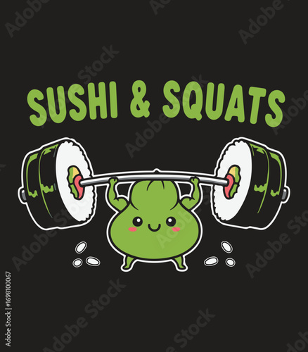 Sushi & Squats – Funny Gym T‑Shirt with Kawaii Wasabi Lifting Sushi Barbell