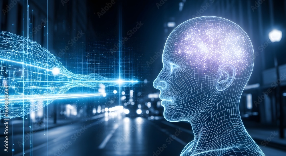 Obraz premium Wireframe head profile view with glowing brain and data stream against a blurred city background