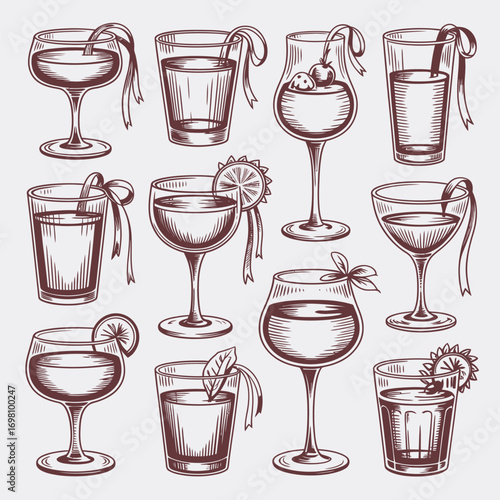 Assortment of sketched cocktail glasses with garnishes and ribbons drink beverage