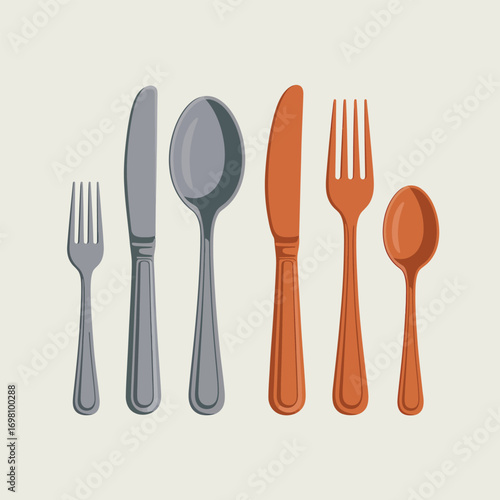Assortment of Silverware and Cutlery in Two Colors on a Light Background Keywords: cutlery