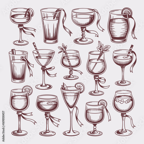 Assortment of Vintage Hand Drawn Cocktail Glasses Keywords: Cocktail, glass, drink, beverage