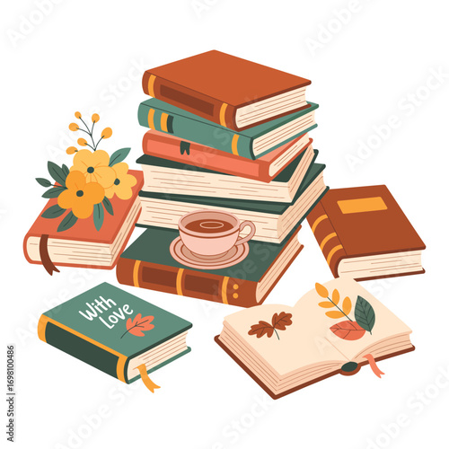 Autumn themed stack of books with flowers and coffee Keywords: books, reading, autumn, fall