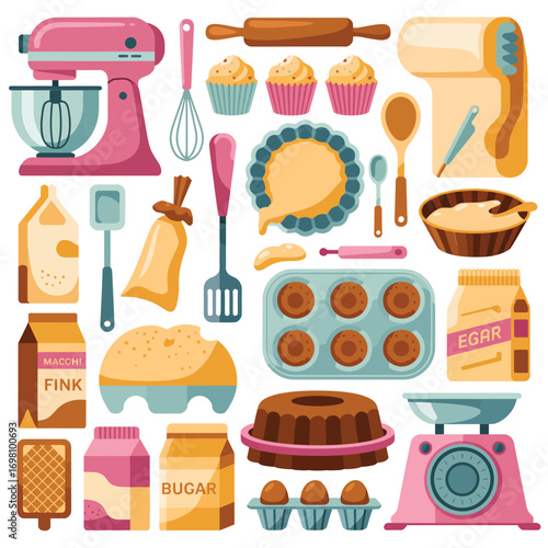 Baking and cooking equipment and ingredients flat design illustration Keywords: baking, cooking