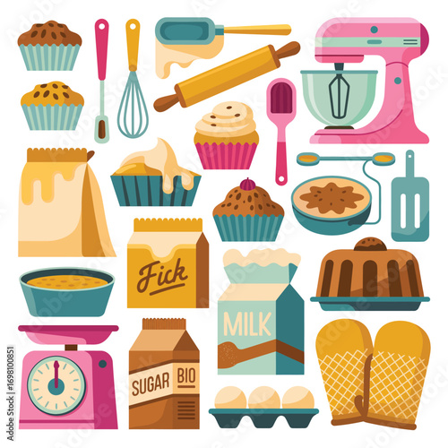 Baking and cooking supplies with cupcakes and kitchen appliances muffin