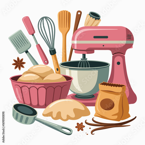 Baking Supplies Dough Mixer Whisk Spatula Bowl and Ingredients Keywords: baking, cooking, dough