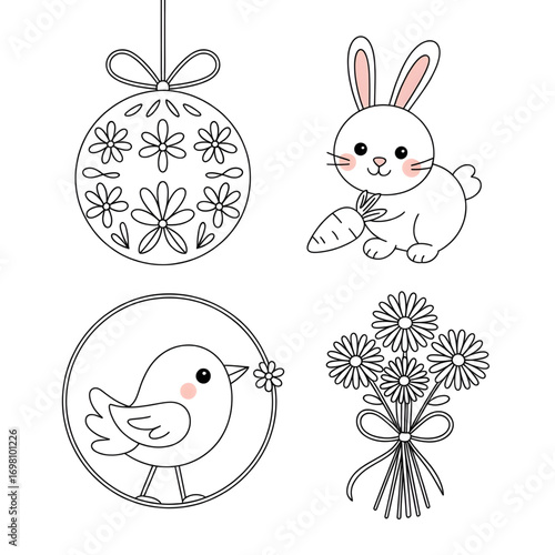 Cute Easter and Spring Animal and Floral Line Art Collection for Kids, Craft, and Decor Coloring page