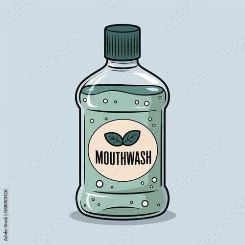 Bottle of green mouthwash with a label and leaves on a light blue background liquid