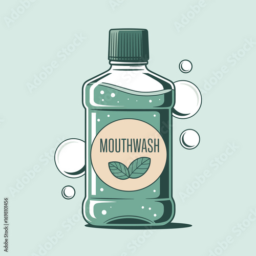 Bottle of green mouthwash with mint leaves on label and bubbles Keywords: mouthwash, oral
