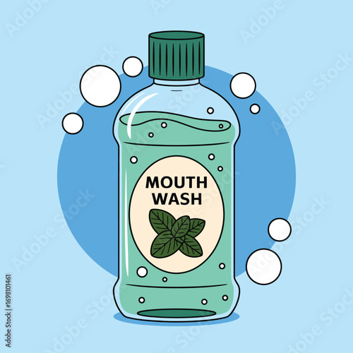 Bottle of mint flavored mouthwash with leaves on label illustration liquid