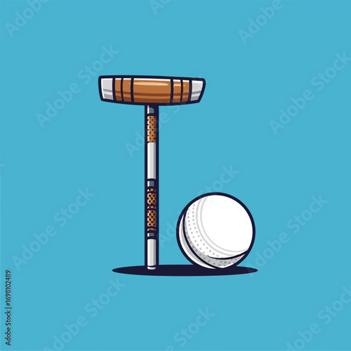 Croquet mallet and ball on blue background for sport and recreation design