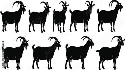 Goat silhouette collection, farm animal illustration, domestic goat clipart, livestock figure, horned animal drawing, mountain goat design, vector goat artwork