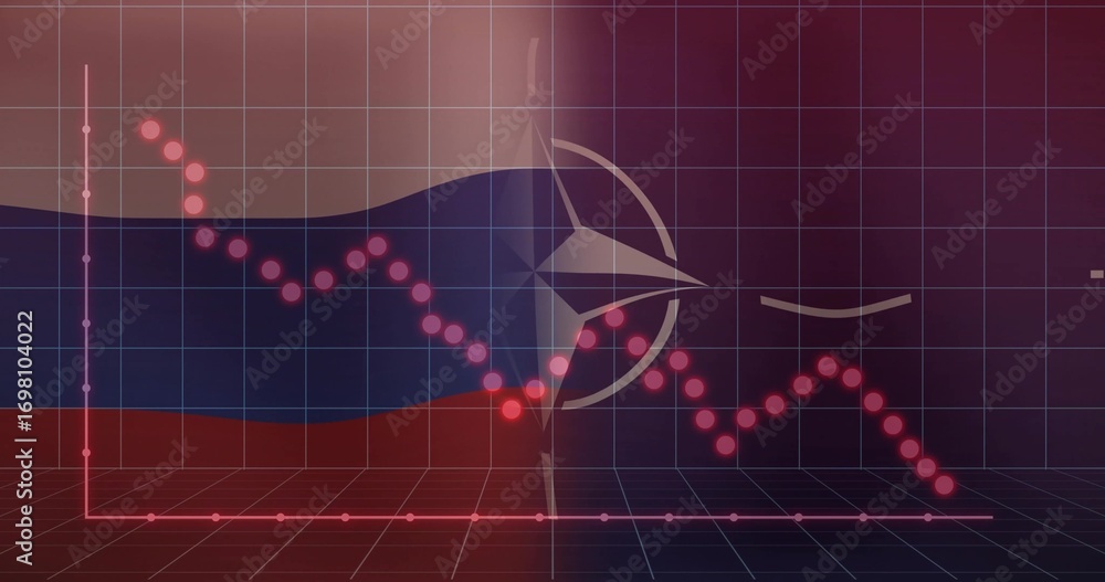 Naklejka premium Showing NATO compass star emblem over 3D grid, with declining red-pink trend line flag stripes