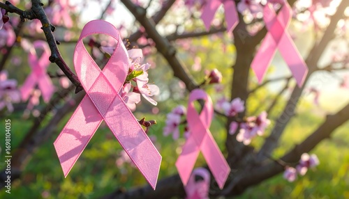 Fototapeta Naklejka Na Ścianę i Meble -  Pink ribbons on a blossoming tree in sunlight