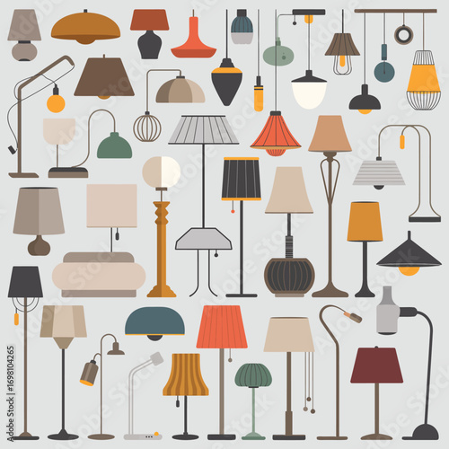 Collection of diverse modern and vintage lamps and lighting fixtures Keywords: lamp, lighting