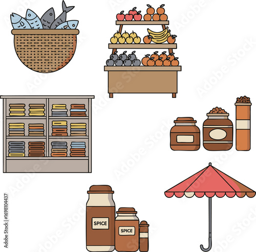 Various food items displayed at a market stall, including fish, fruits, spices, and textiles, creating a vibrant and inviting atmosphere.