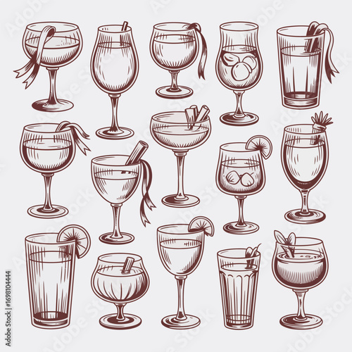 Collection of Hand- Drawn Cocktail and Drink Glasses with Garnishes Keywords: cocktail, drink