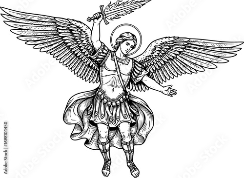 Vintage Black and White Engraving of Archangel Michael Holding Sword – Religious Christian Angel Illustration